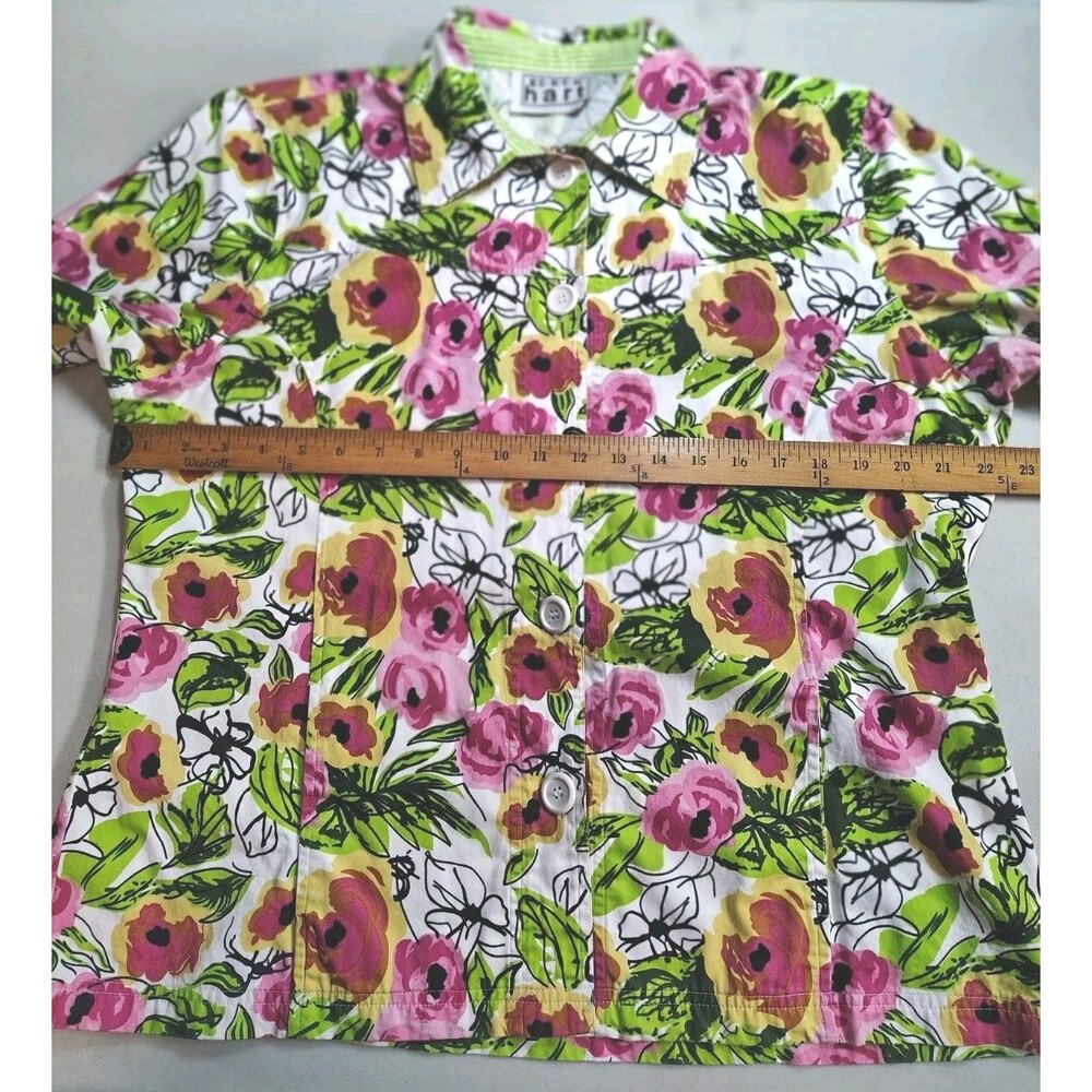 Keren Hart Floral Shacket Shirt Jacket Pockets Size L (Est) Pink Green Stripe - Picture 5 of 13